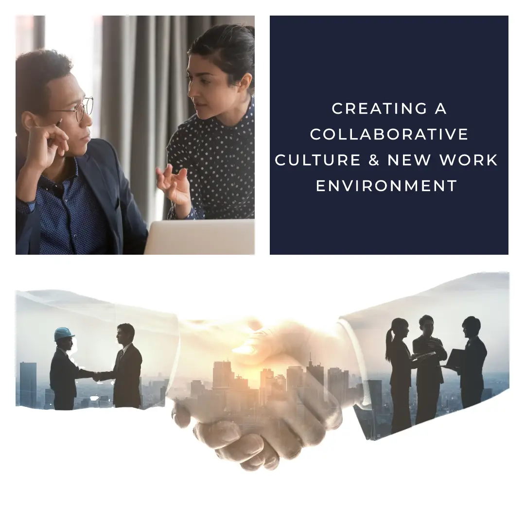 "To personer i samtale ved et skrivebord, med teksten 'Creating a collaborative culture & new work environment.' Nederst er et billede af to personer, der giver hinanden håndtryk, med en bysilhuet i baggrunden. Fokus på samarbejdskultur og nye arbejdsmiljøer."