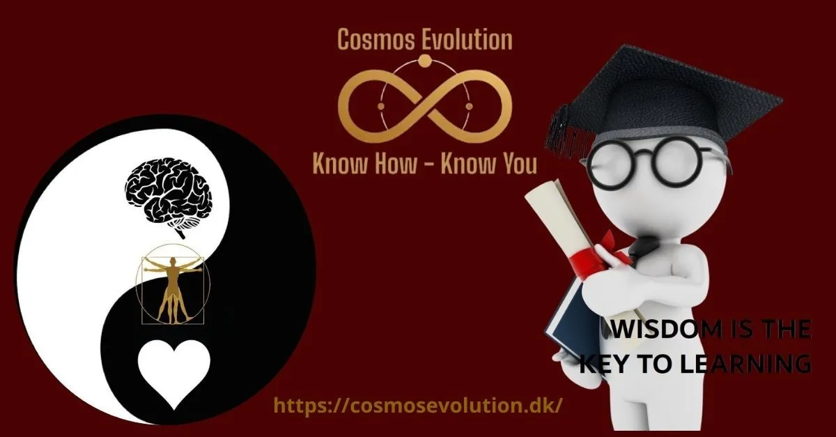 8 Cosmos Evolution, Know How, Know You. Yin og yang-symbol med en hjerne, den vitruvianske mand og et hjerte samt en figur med kandidathat og teksten 'Wisdom is the key to learning'.