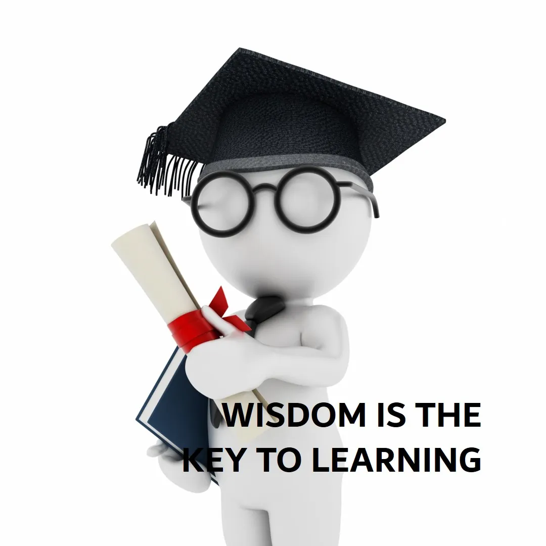 3D-figur med studenterhue og briller, der holder et eksamensbevis og en bog, med teksten 'Wisdom is the Key to Learning'.