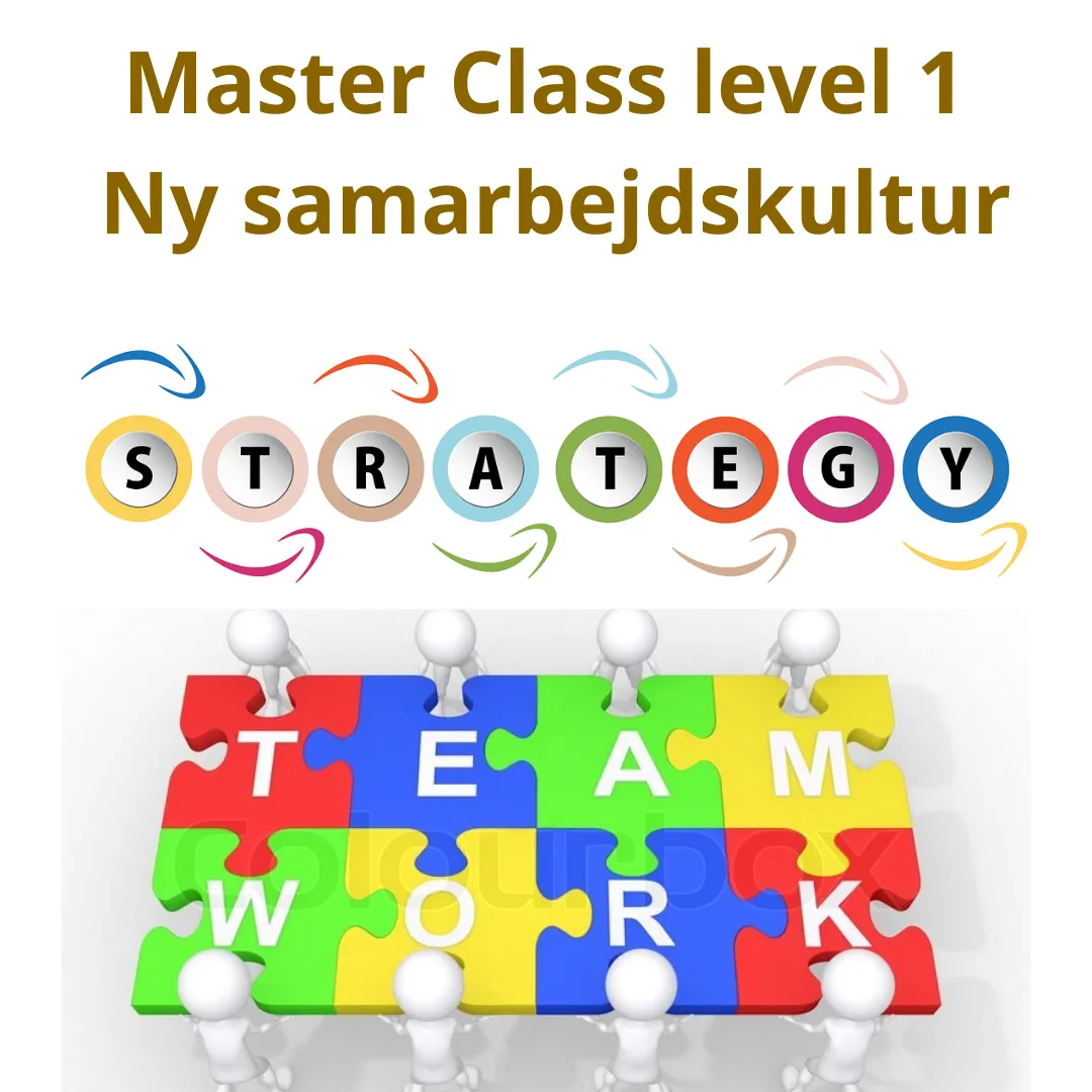 Master Class level 1: Ny samarbejdskultur. Farverige bogstaver danner ordet 'Strategy', og små figurer samler et puslespil med ordet 'Teamwork'.