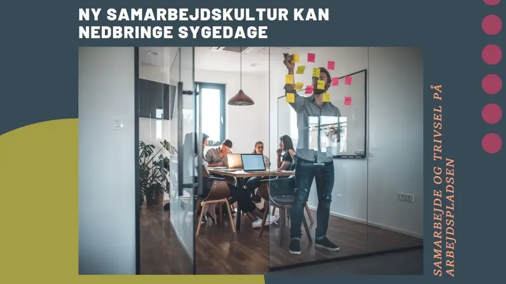 Kontor med medarbejdere og teksten 'Ny samarbejdskultur kan nedbringe sygedage'.