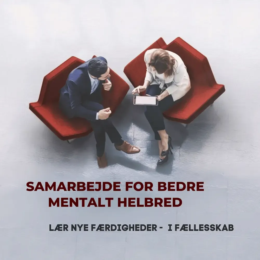 To personer i røde lænestole samarbejder med teksten 'Samarbejde for bedre mentalt helbred. Lær nye færdigheder i fællesskab'.