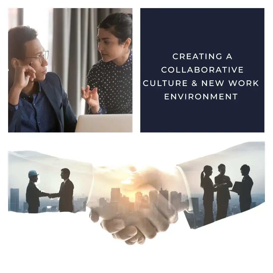 To personer i samtale ved et skrivebord med teksten 'Creating a collaborative culture & new work environment'. Nederst giver to personer hinanden et håndtryk med en bysilhuet i baggrunden. Fokus på samarbejdskultur og nye arbejdsmiljøer.